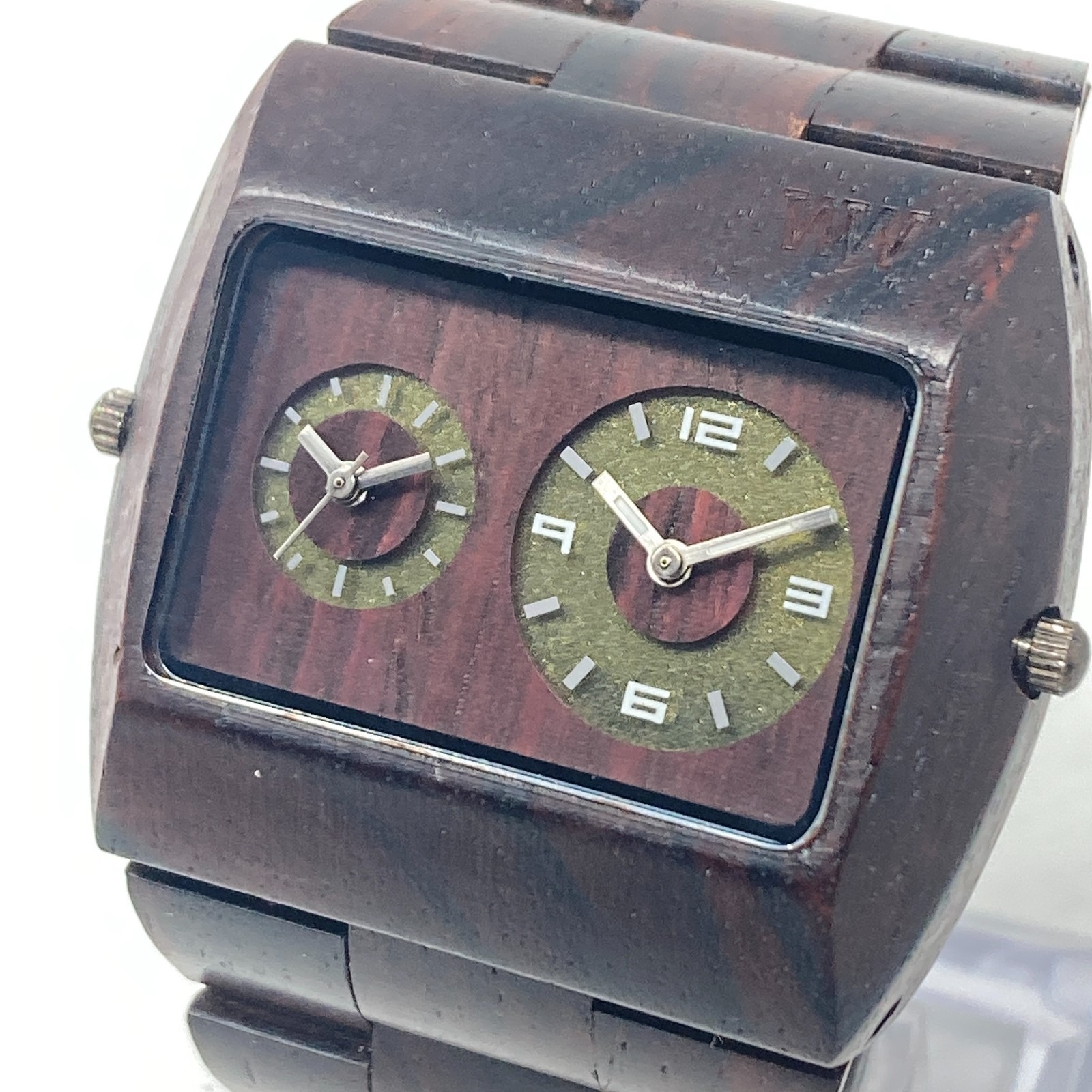 Wewood Watch Men 48mm Brown Wood Dual Time Jupiter Dial New Battery 7